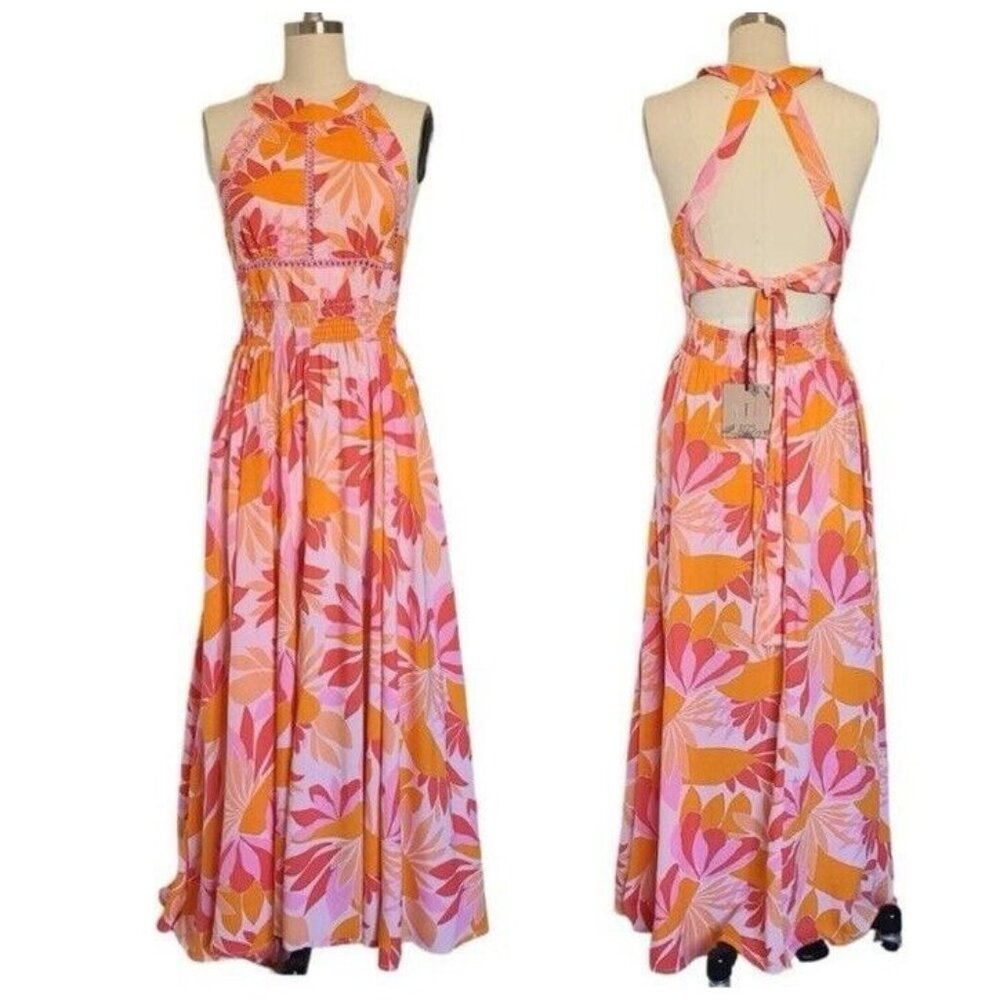 Anthropologie Abel The Label Maxi Dress S Small Smocked Orange Pink Floral Flowy
